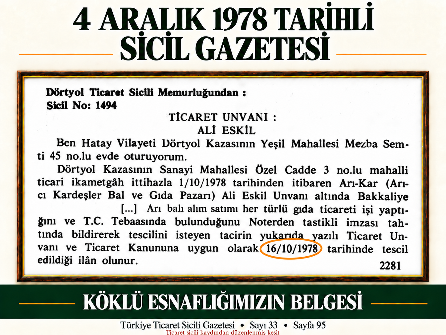 Aile arşivinden sunulan, ticaret sicili kaydına ait düzenlenmiş kesit.